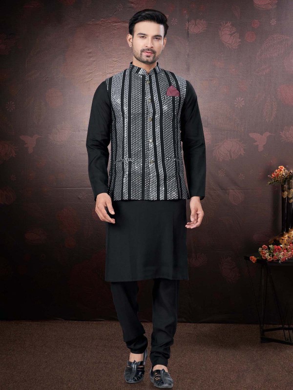 Black Pure SIlk Readymade Kurta Pajama With Jacket